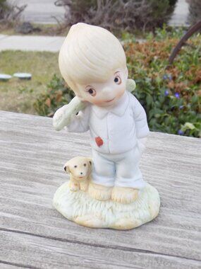 Little Boy Figurine w his Puppy Nap Sack on Back Made In Twain, Vtg Home Decor *